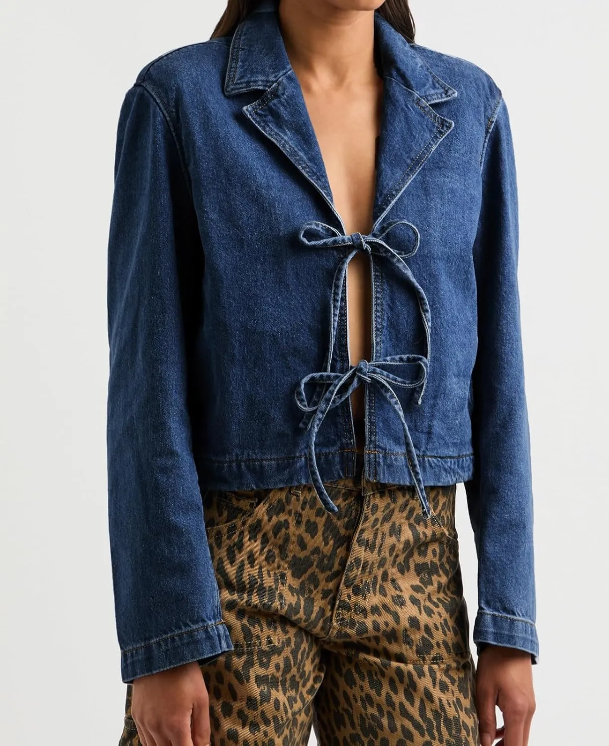 Bowanadacles Woman Fashion Tie Up Denim Jacket Fall Lapel Neck Open Front Jeans Top Long Sleeves Crop Denim Coat Streetwear