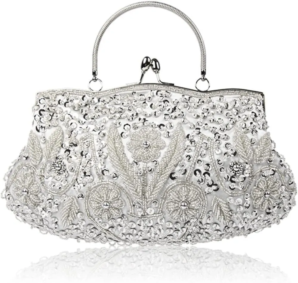 Bridal Wedding Purse Fashion Shoulder Glitter Crossbody Evening Clutch for Women Vintage Beaded Sequin Handbag