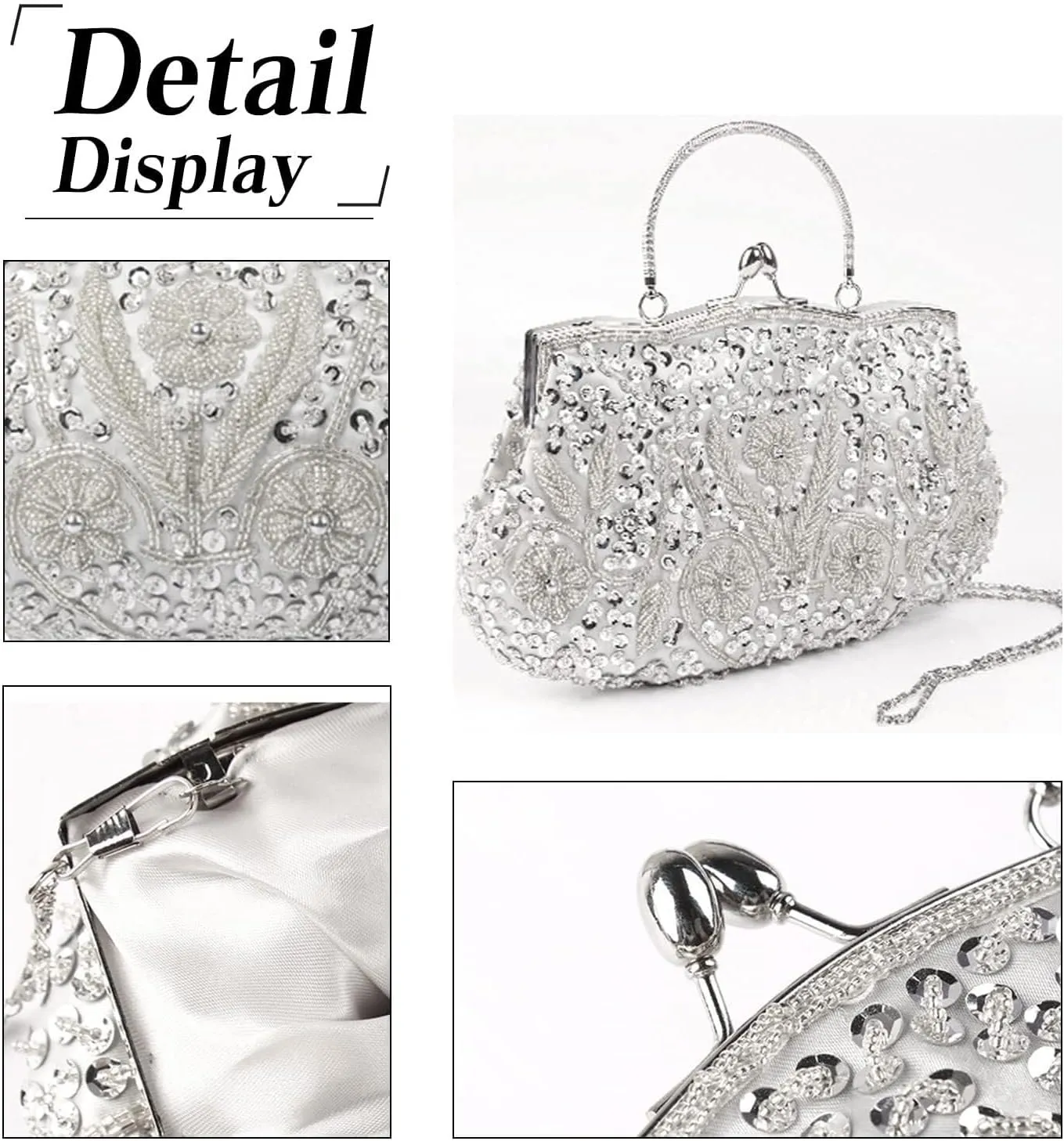 Bridal Wedding Purse Fashion Shoulder Glitter Crossbody Evening Clutch for Women Vintage Beaded Sequin Handbag