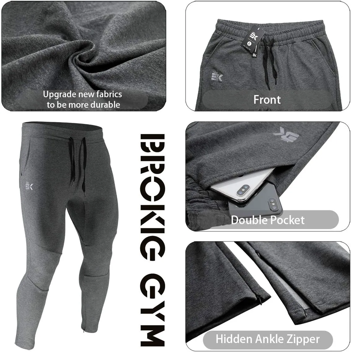 BROKIG Mens Jogger Sport Pants, Casual Zipper Gym Workout Sweatpants Pockets