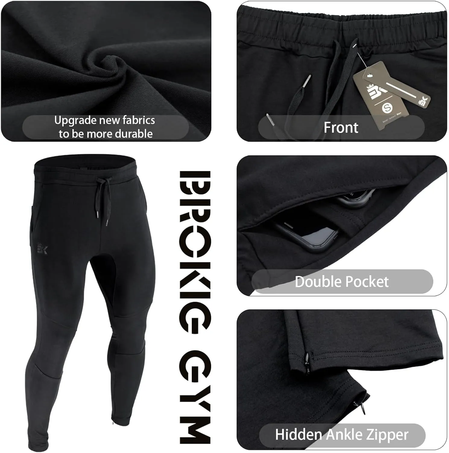 BROKIG Mens Jogger Sport Pants, Casual Zipper Gym Workout Sweatpants Pockets