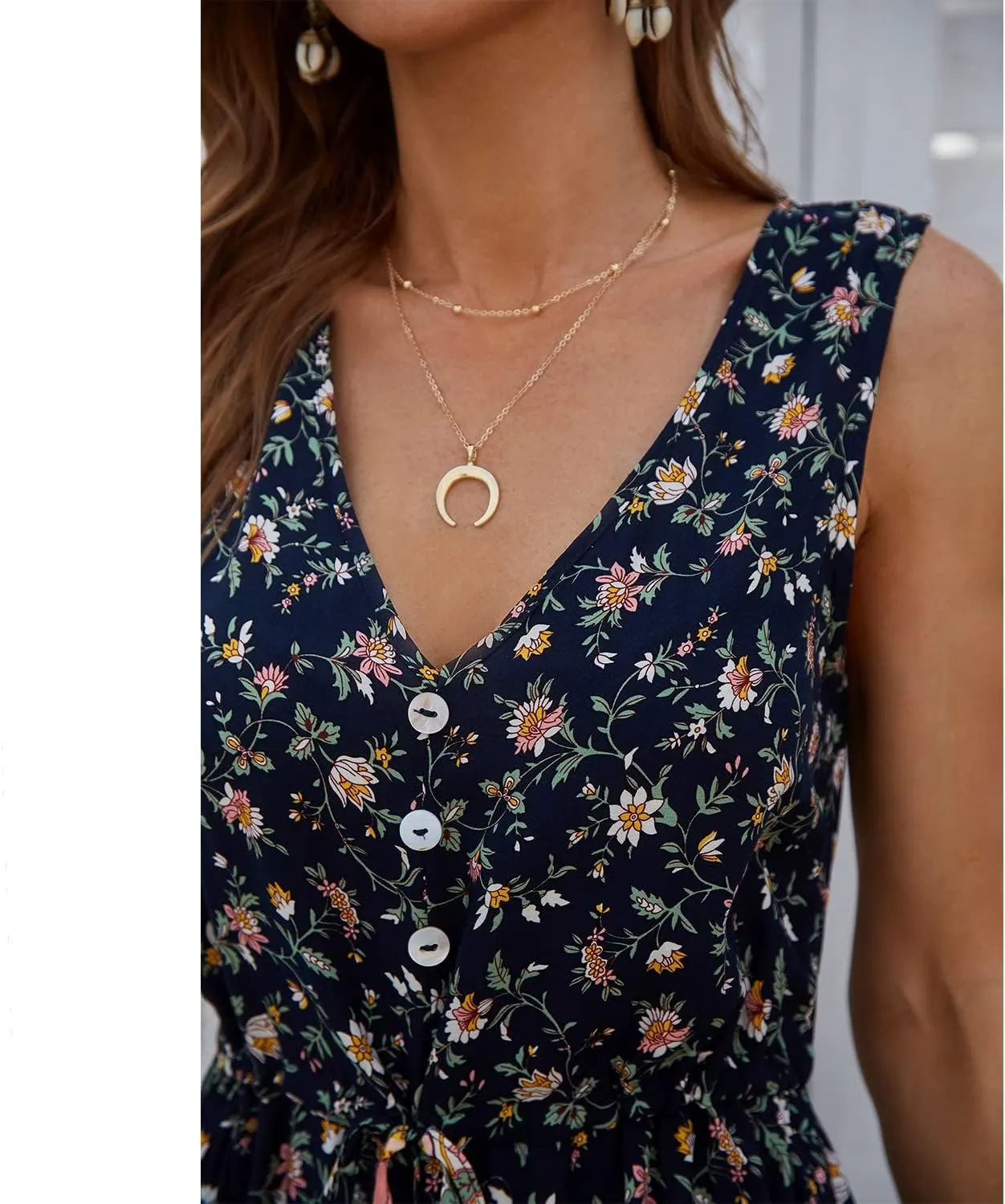 BROVAVE Women Summer Bohemian Floral Print V Neck Sleeveless Sundress Flowy Casual Midi Dress
