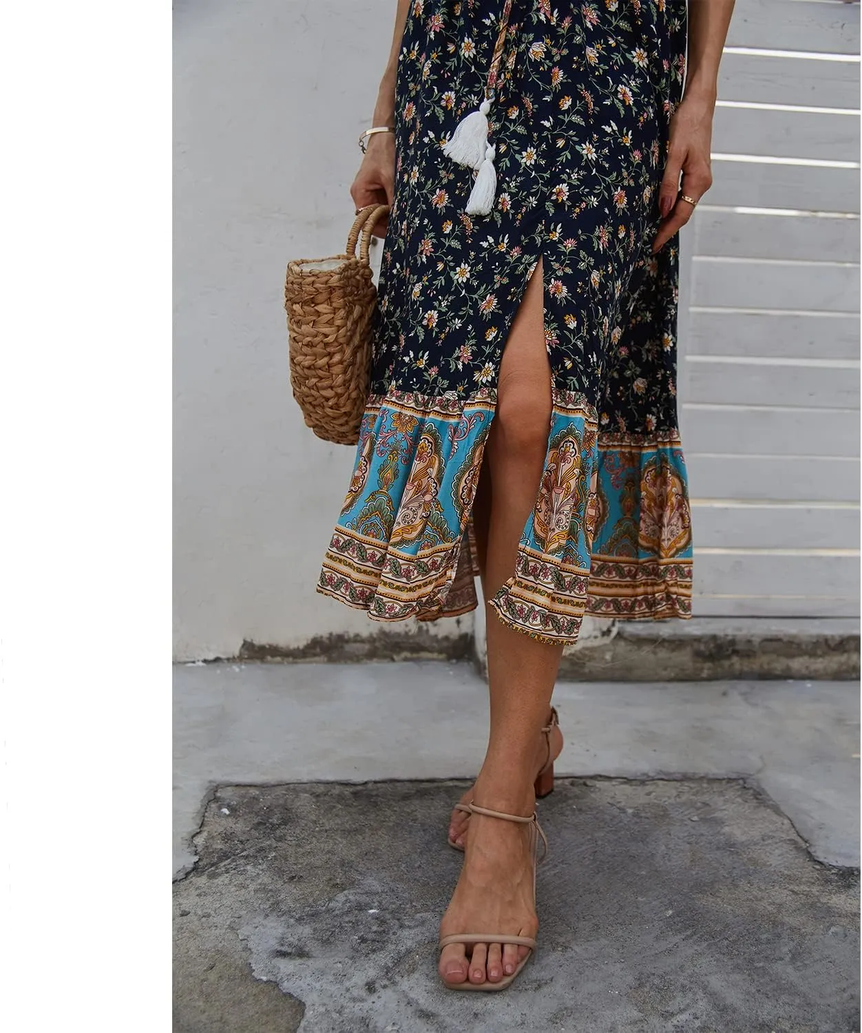BROVAVE Women Summer Bohemian Floral Print V Neck Sleeveless Sundress Flowy Casual Midi Dress