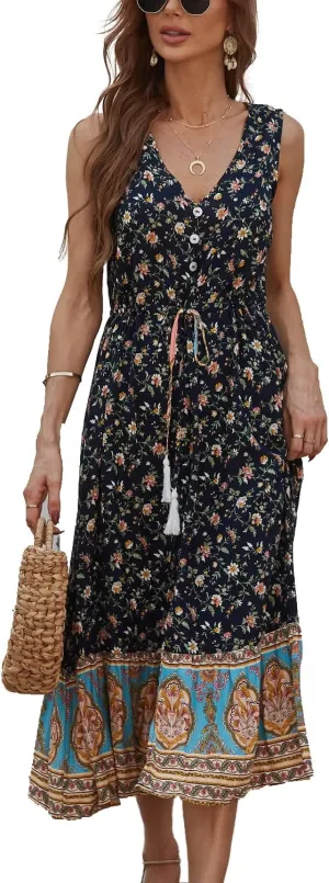 BROVAVE Women Summer Bohemian Floral Print V Neck Sleeveless Sundress Flowy Casual Midi Dress