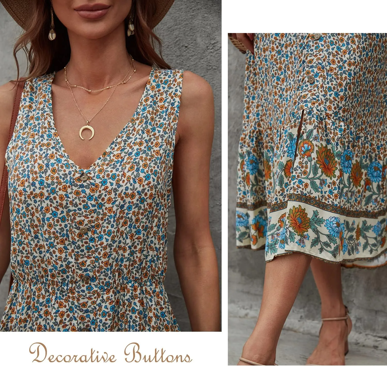 BROVAVE Women Summer Bohemian Floral Print V Neck Sleeveless Sundress Flowy Casual Midi Dress