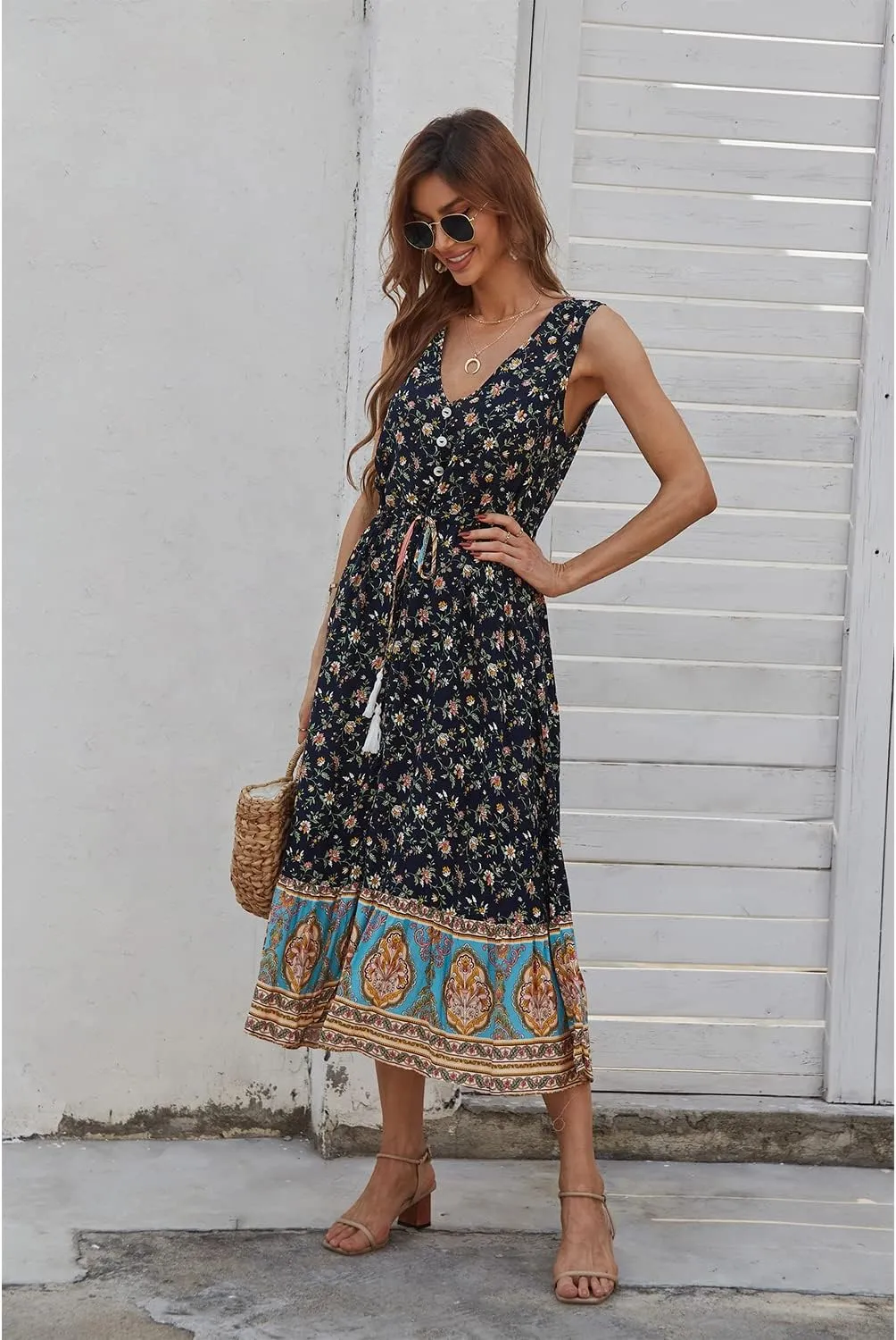 BROVAVE Women Summer Bohemian Floral Print V Neck Sleeveless Sundress Flowy Casual Midi Dress