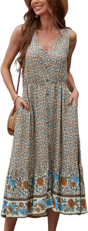BROVAVE Women Summer Bohemian Floral Print V Neck Sleeveless Sundress Flowy Casual Midi Dress
