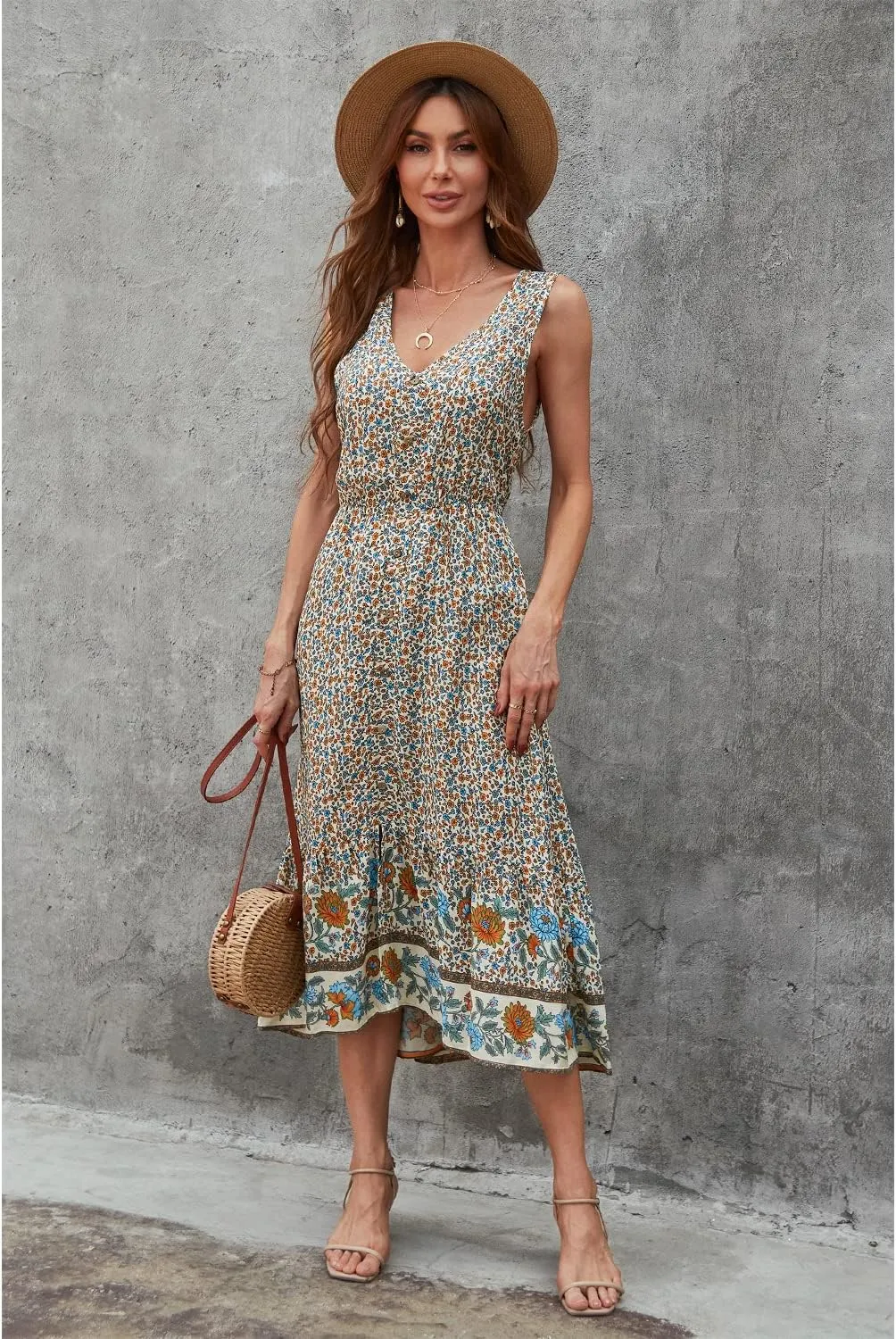 BROVAVE Women Summer Bohemian Floral Print V Neck Sleeveless Sundress Flowy Casual Midi Dress