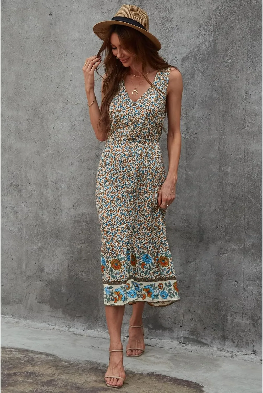 BROVAVE Women Summer Bohemian Floral Print V Neck Sleeveless Sundress Flowy Casual Midi Dress
