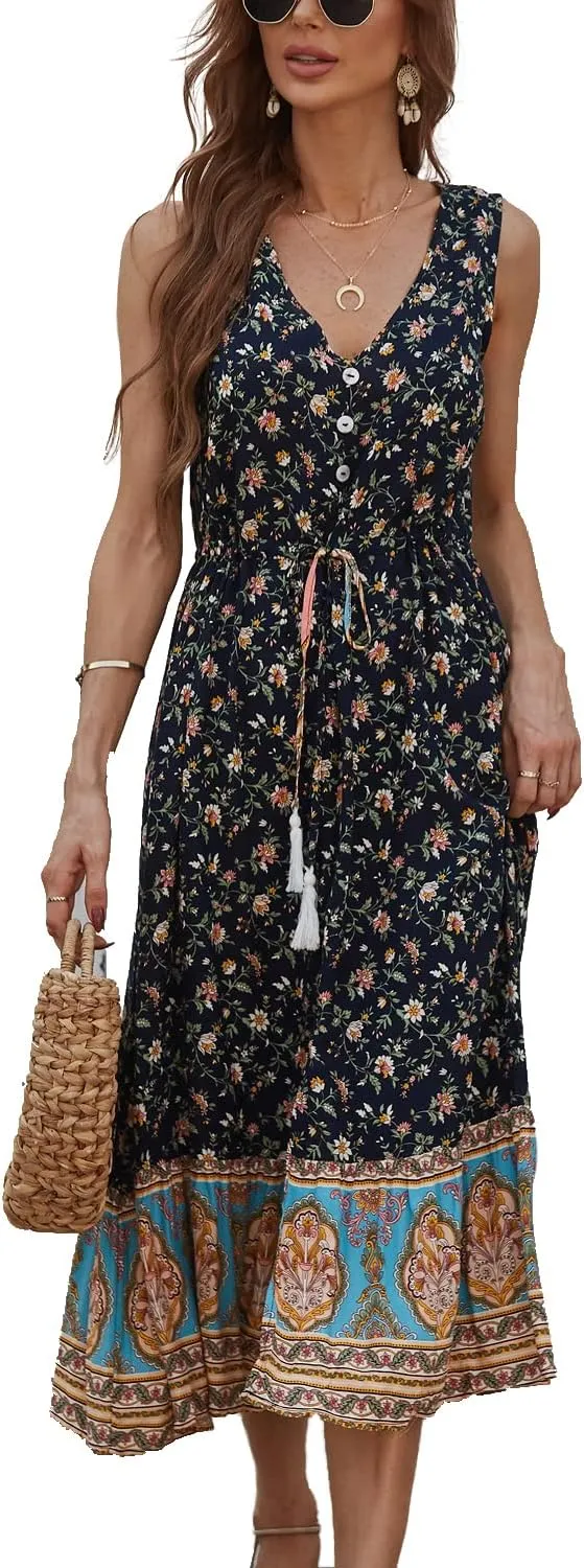 BROVAVE Women Summer Bohemian Floral Print V Neck Sleeveless Sundress Flowy Casual Midi Dress
