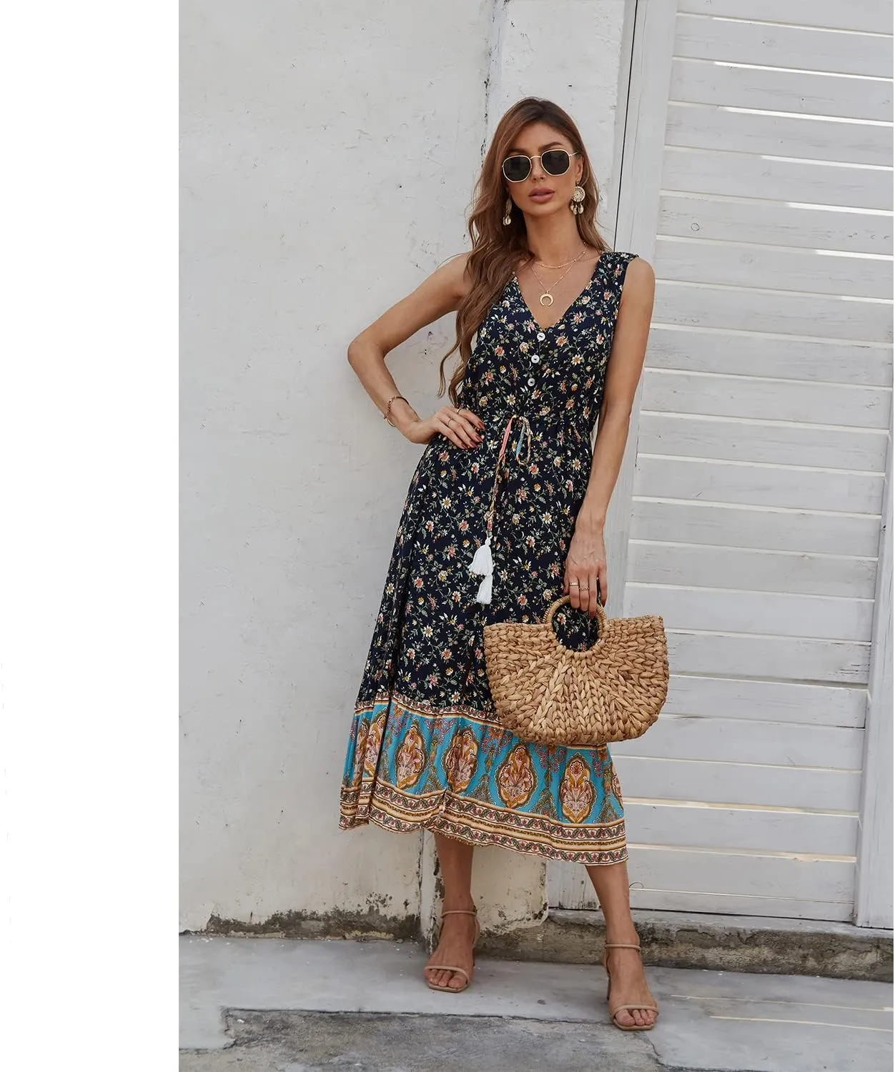 BROVAVE Women Summer Bohemian Floral Print V Neck Sleeveless Sundress Flowy Casual Midi Dress