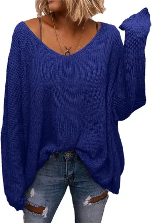 BZB Women's V Neck Long Sleeve Knit Loose Oversized Pullover Sweater Top