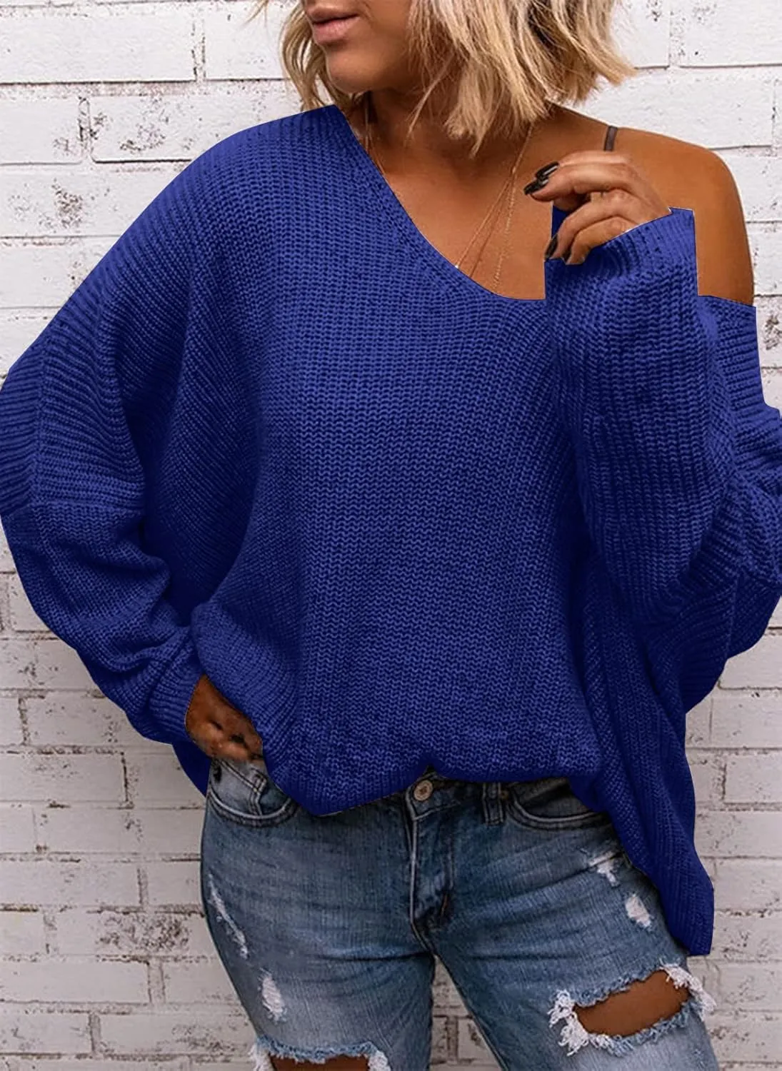 BZB Women's V Neck Long Sleeve Knit Loose Oversized Pullover Sweater Top