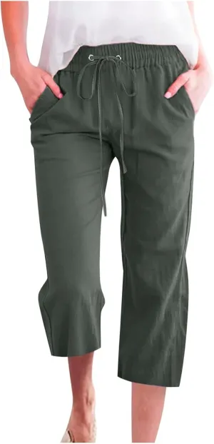 Capri Pants for Women 2024 Casual Summer Cotton Linen Drawstring Stretch Waist Vocation Beach Crop Pants with Pockets