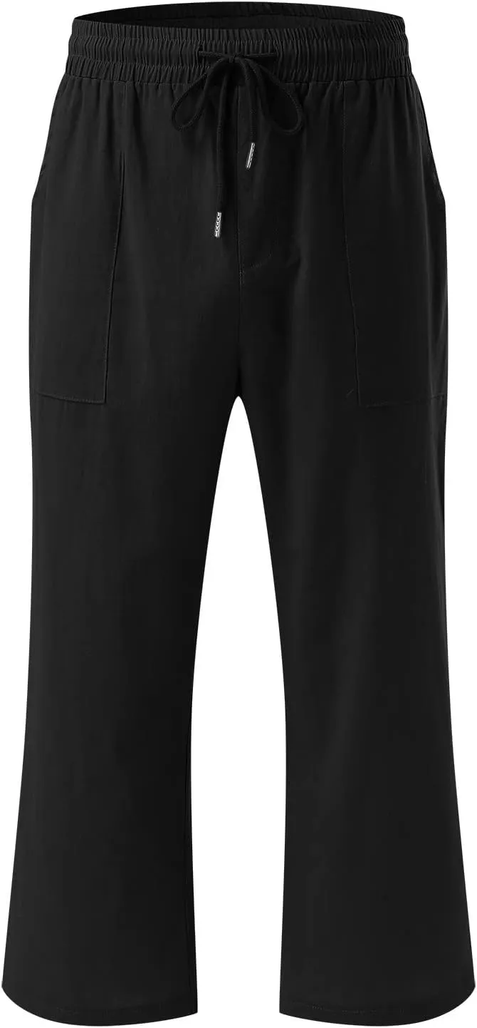 Capri Pants for Women 2024 Casual Summer Cotton Linen Drawstring Stretch Waist Vocation Beach Crop Pants with Pockets
