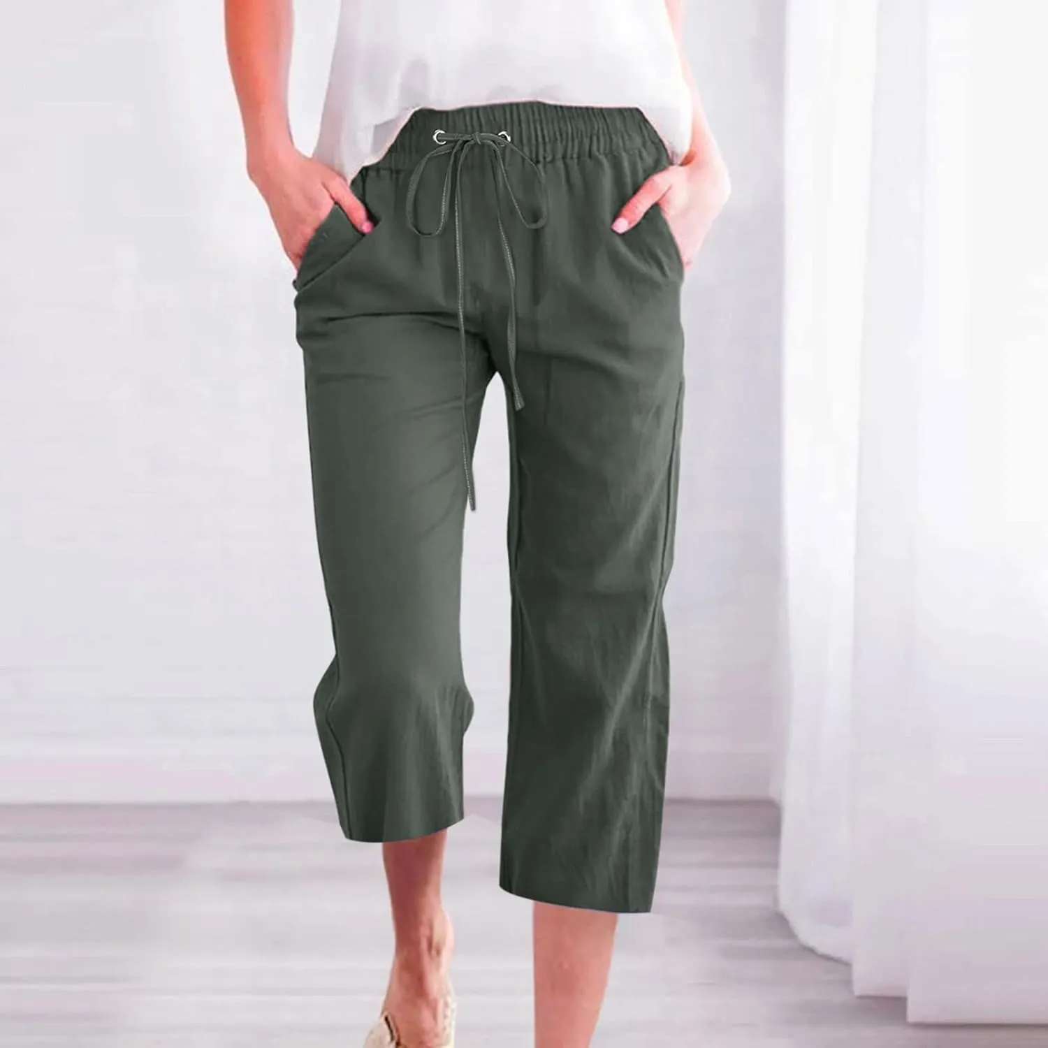 Capri Pants for Women 2024 Casual Summer Cotton Linen Drawstring Stretch Waist Vocation Beach Crop Pants with Pockets