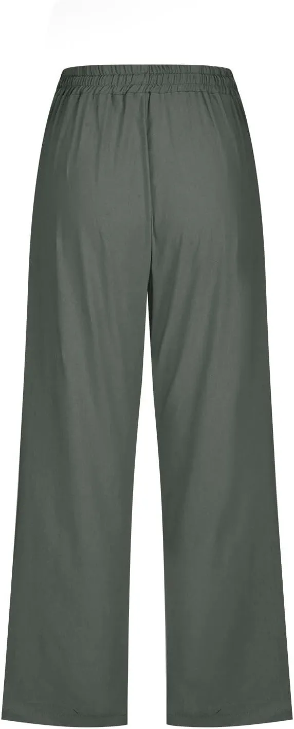 Capri Pants for Women 2024 Casual Summer Cotton Linen Drawstring Stretch Waist Vocation Beach Crop Pants with Pockets