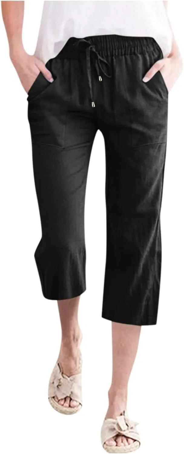 Capri Pants for Women 2024 Casual Summer Cotton Linen Drawstring Stretch Waist Vocation Beach Crop Pants with Pockets