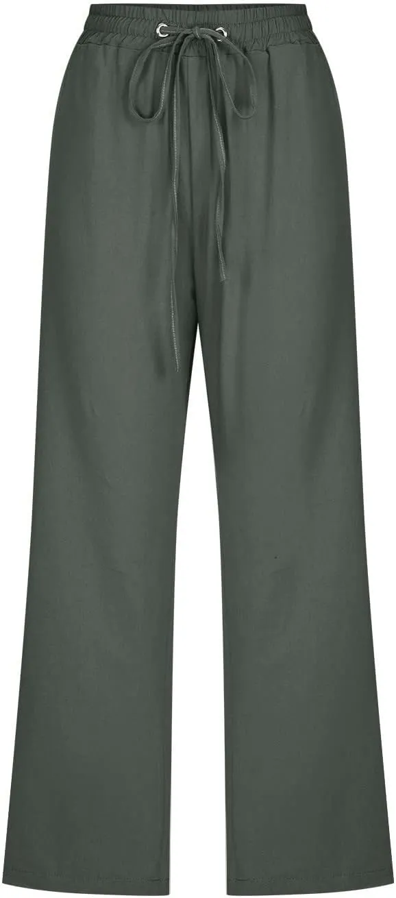 Capri Pants for Women 2024 Casual Summer Cotton Linen Drawstring Stretch Waist Vocation Beach Crop Pants with Pockets