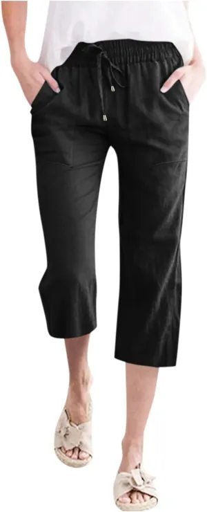 Capri Pants for Women 2024 Casual Summer Cotton Linen Drawstring Stretch Waist Vocation Beach Crop Pants with Pockets