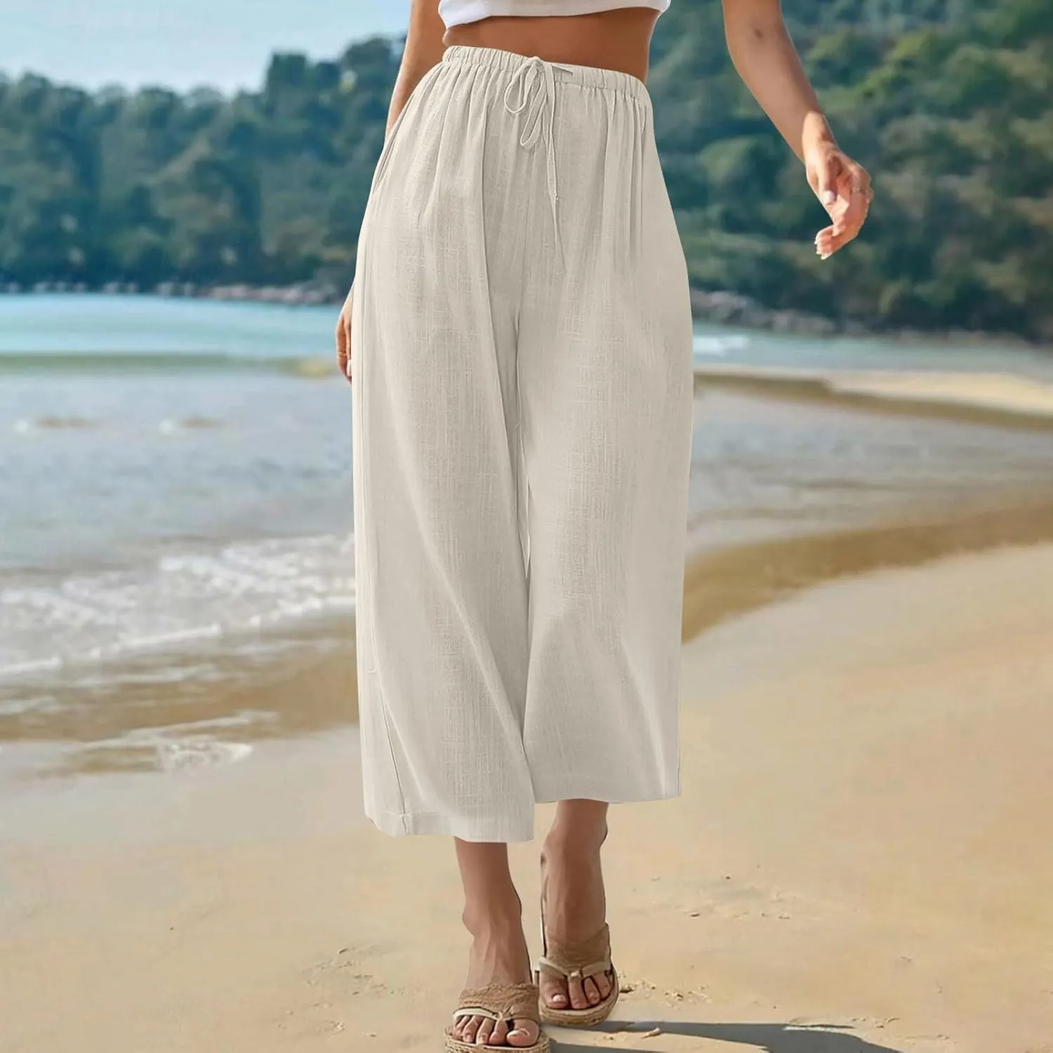 Capri Pants for Women Linen Workout Capri Casual Cropped Elastic Waist High Waist Yoga Casual Summer Cotton Stretch