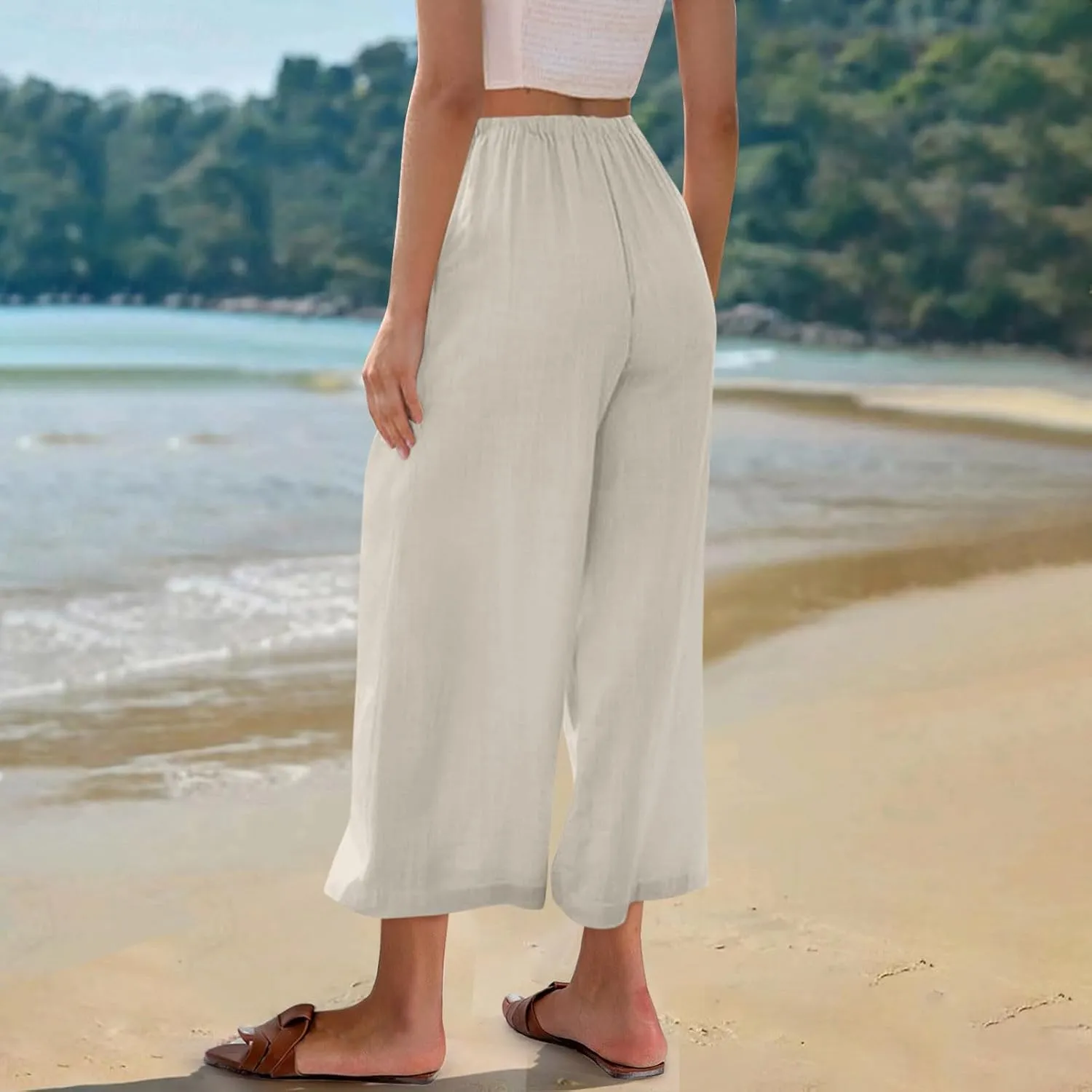 Capri Pants for Women Linen Workout Capri Casual Cropped Elastic Waist High Waist Yoga Casual Summer Cotton Stretch