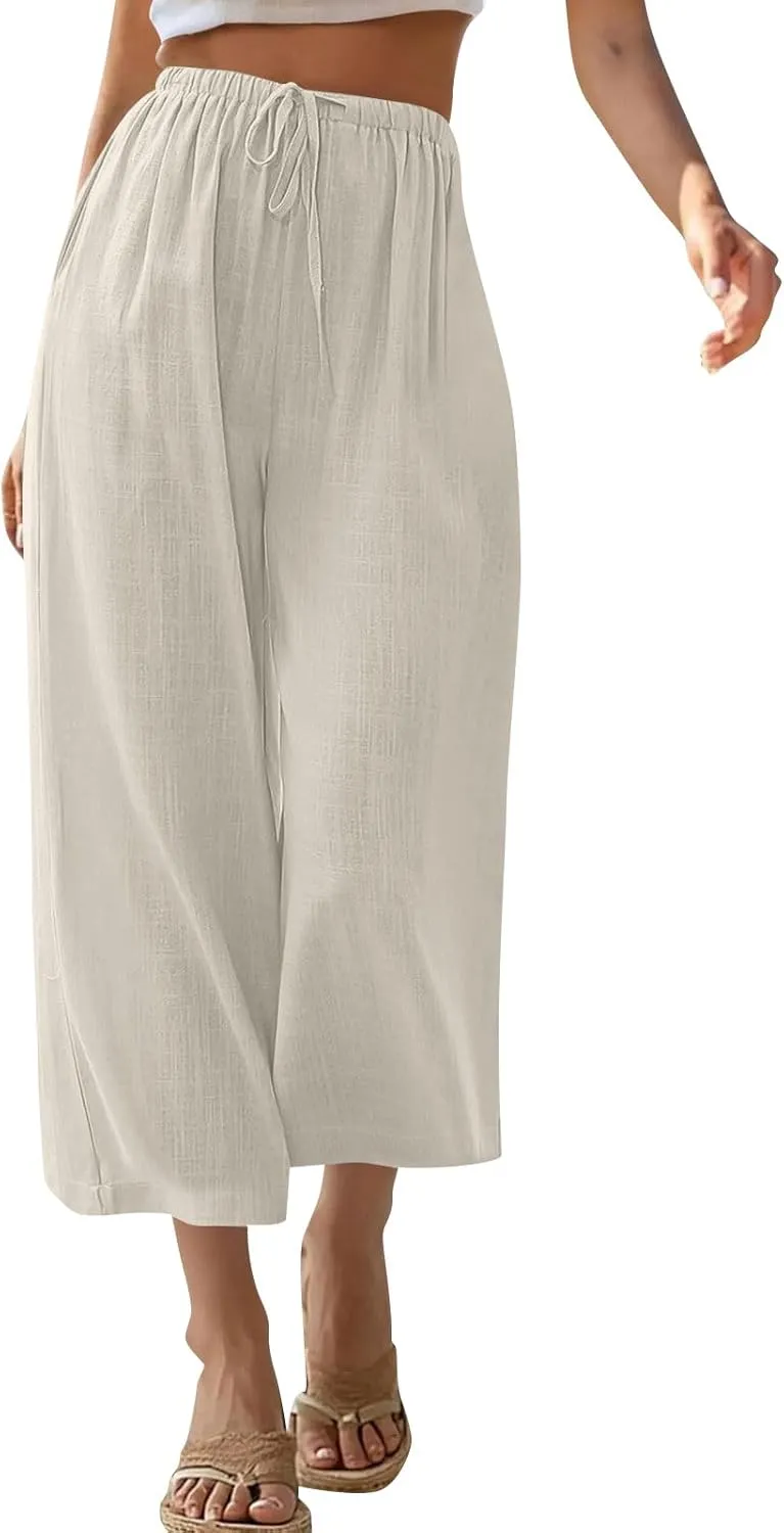 Capri Pants for Women Linen Workout Capri Casual Cropped Elastic Waist High Waist Yoga Casual Summer Cotton Stretch