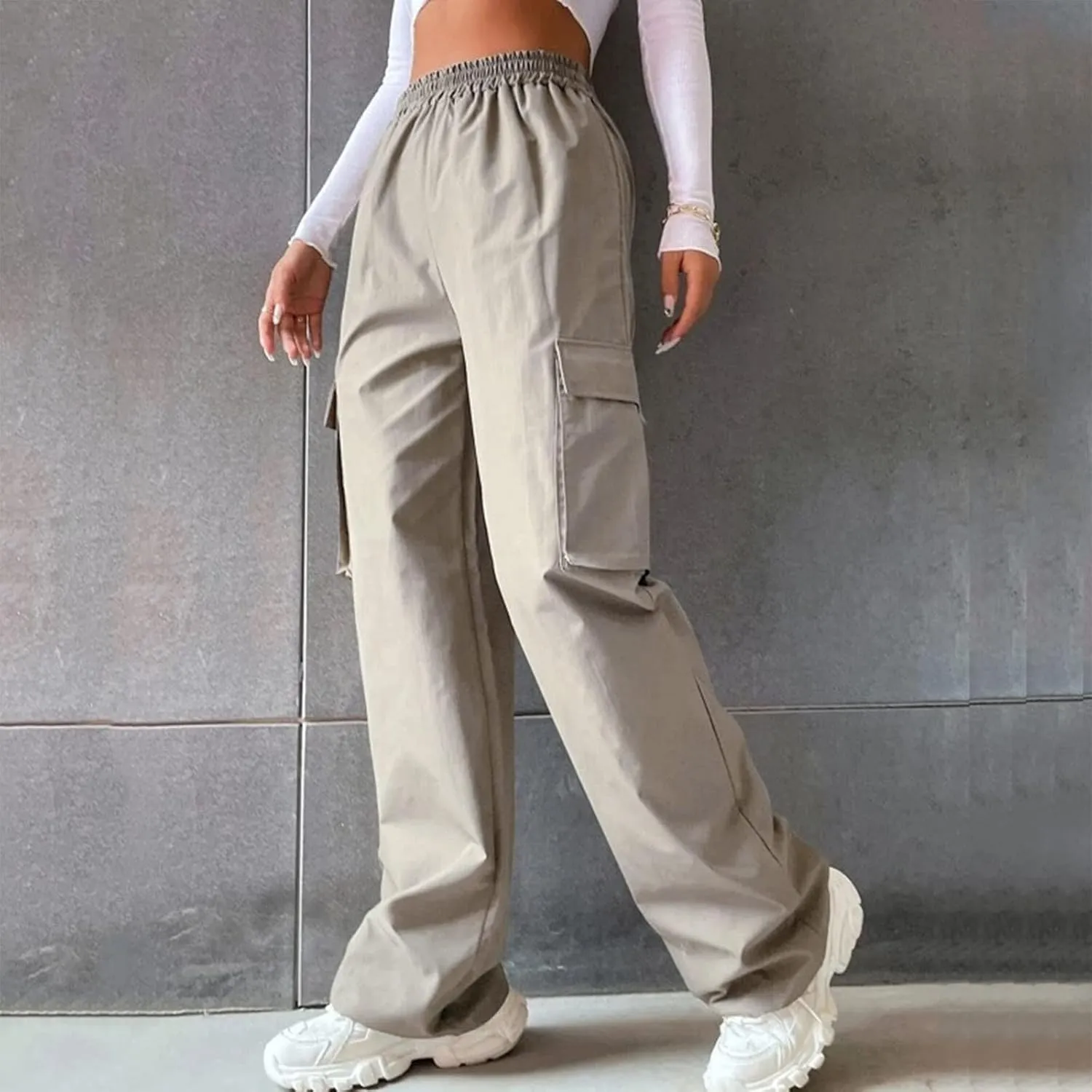 Cargo Pants Women Elastic High Waisted Wide Leg Pants Loose Summer Casual Trendy Streetwear Y2K Trousers with Pockets