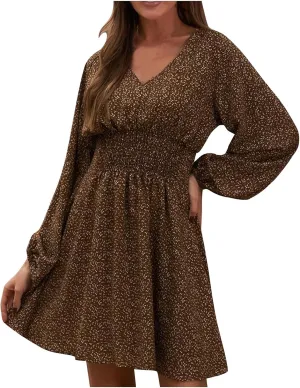 Casual Dresses for Women Long Sleeve Dress for Women V Neck Tie Waist Ruffle Patterned Boho A-Line Mini Dresses