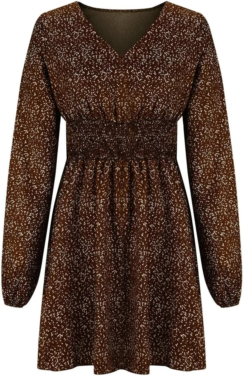 Casual Dresses for Women Long Sleeve Dress for Women V Neck Tie Waist Ruffle Patterned Boho A-Line Mini Dresses