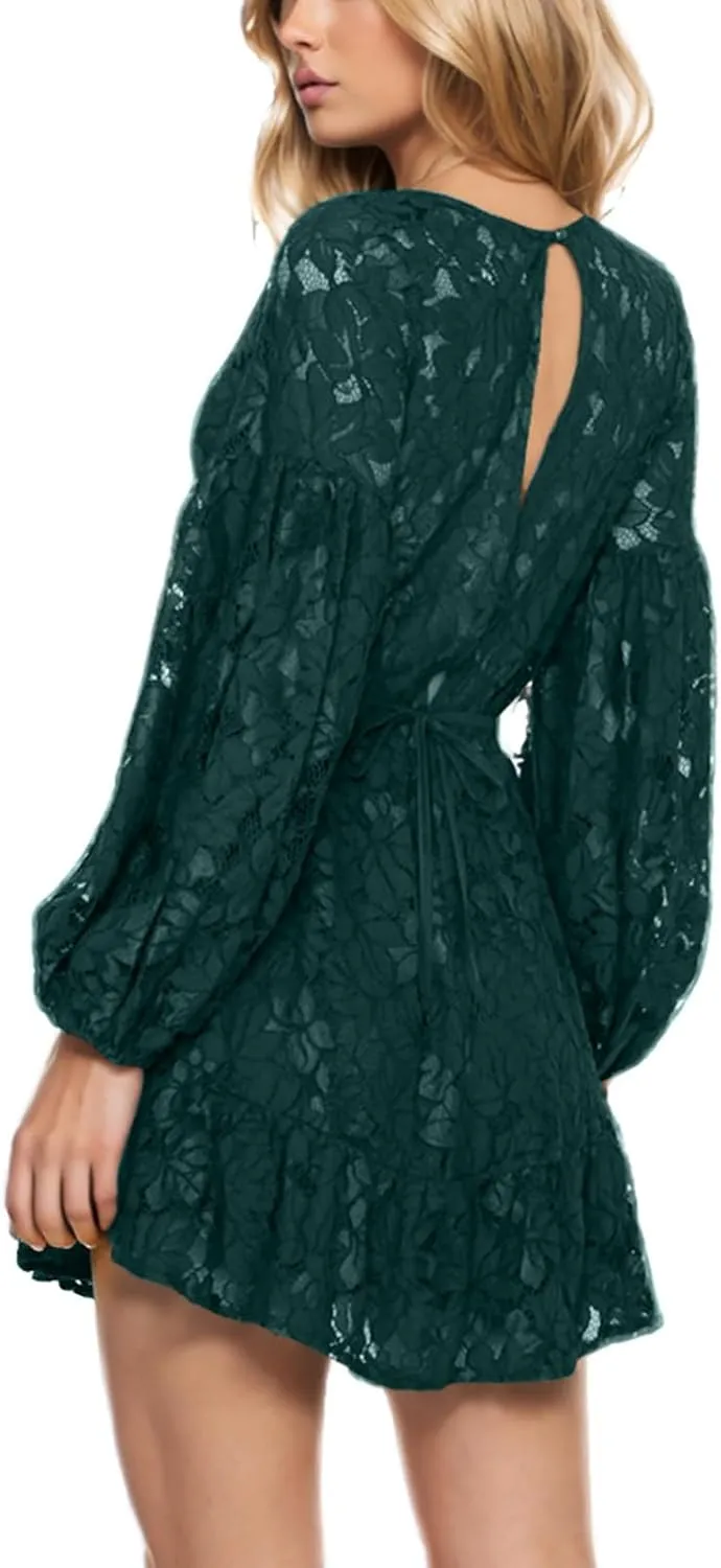 Casual Dresses for Women Womens Long Sleeve Dress V Neck Bubble Tie Waist Floral Flowy Swing Mini Dresses for Women