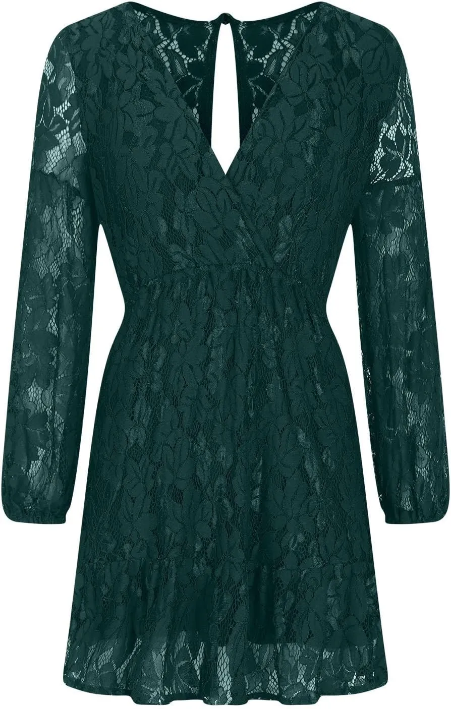 Casual Dresses for Women Womens Long Sleeve Dress V Neck Bubble Tie Waist Floral Flowy Swing Mini Dresses for Women