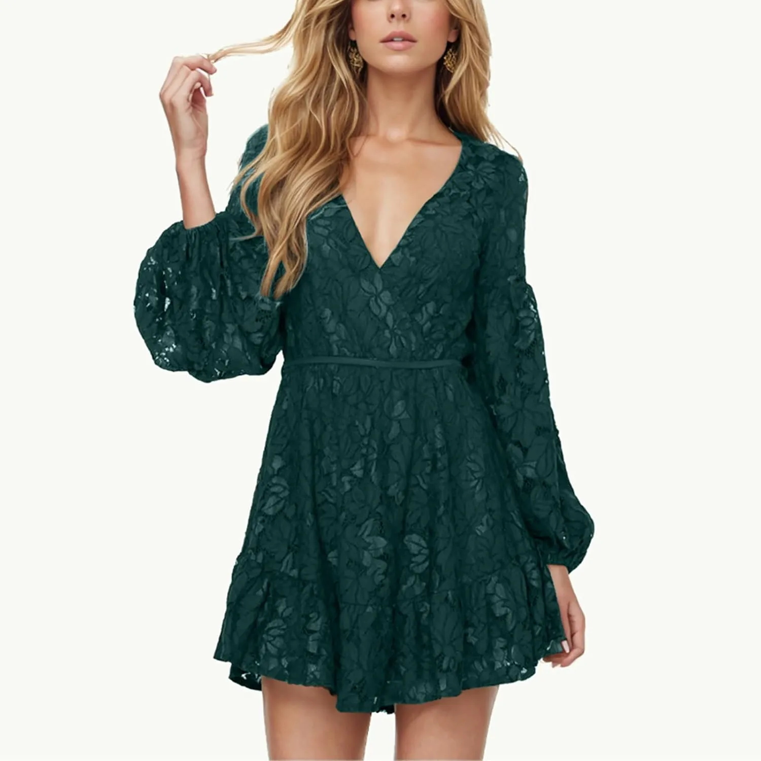 Casual Dresses for Women Womens Long Sleeve Dress V Neck Bubble Tie Waist Floral Flowy Swing Mini Dresses for Women