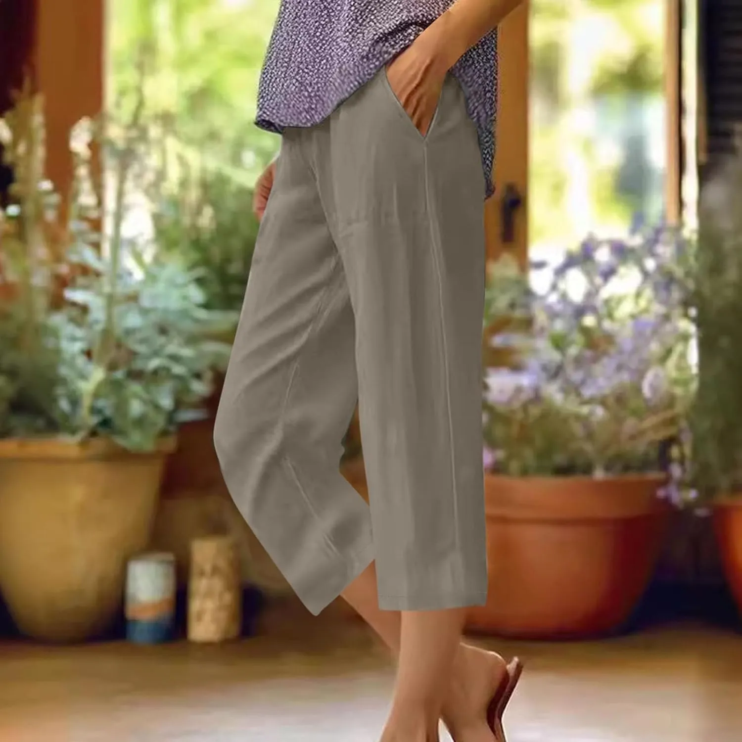 Casual Pants for Women Linen Cotton Lightweight Capri Pants Beach Drawstring Elastic Waist Trousers with Pocket Red L