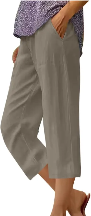 Casual Pants for Women Linen Cotton Lightweight Capri Pants Beach Drawstring Elastic Waist Trousers with Pocket Red L