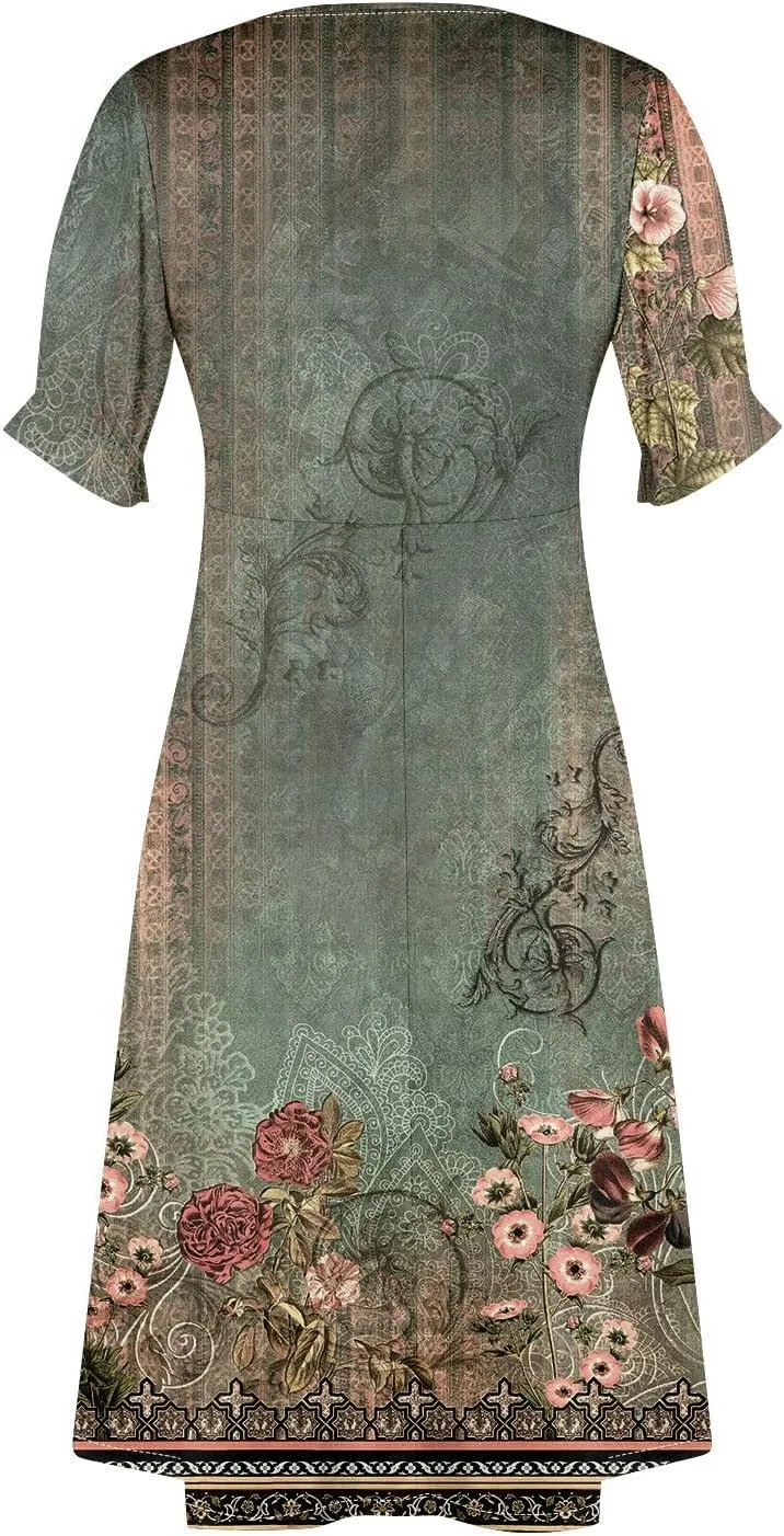 Casual Short Sleeve Midi Dress Elegant Formal Button Down Floral Dress Trendy V Neck Smocked Sexy Slim Fit Dress