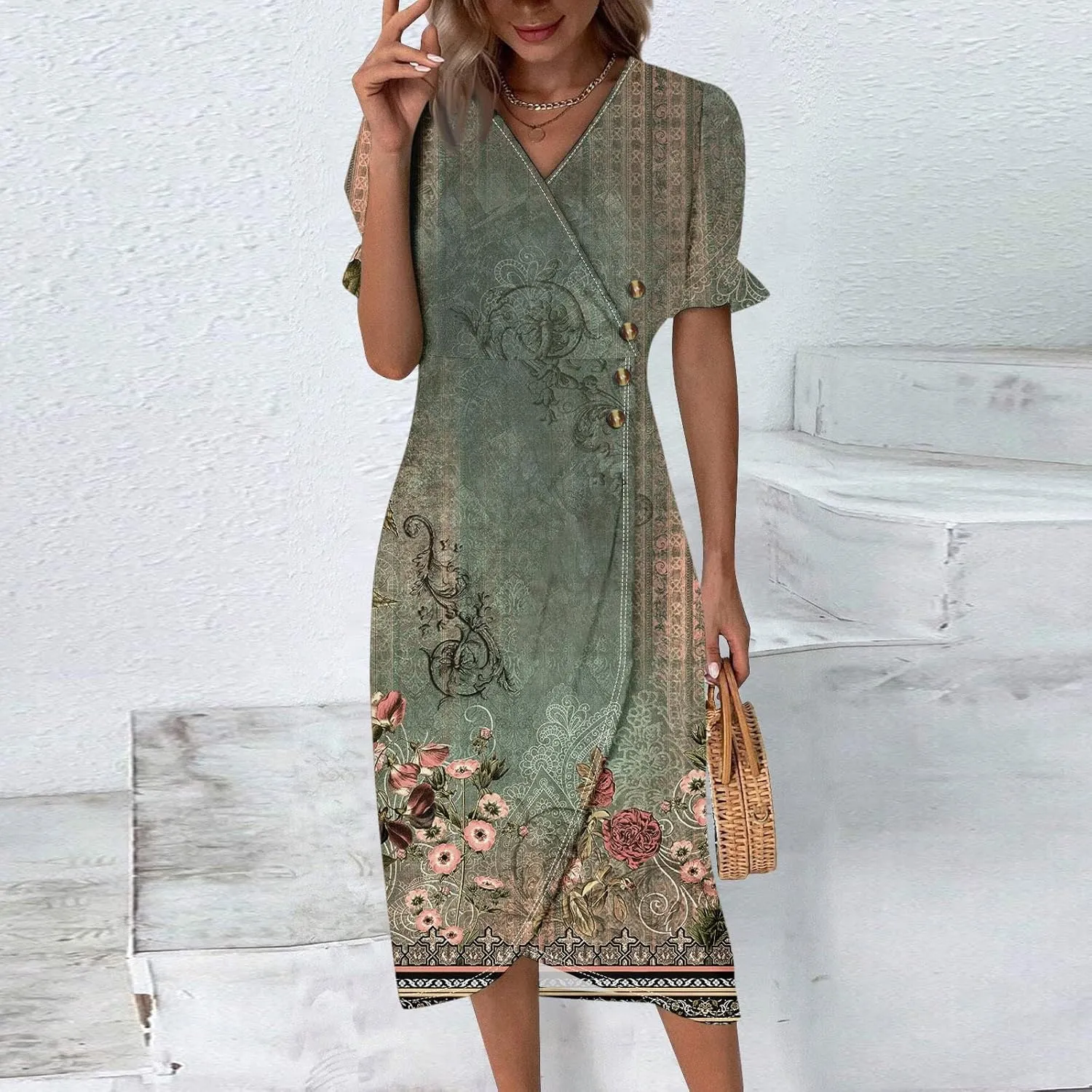 Casual Short Sleeve Midi Dress Elegant Formal Button Down Floral Dress Trendy V Neck Smocked Sexy Slim Fit Dress