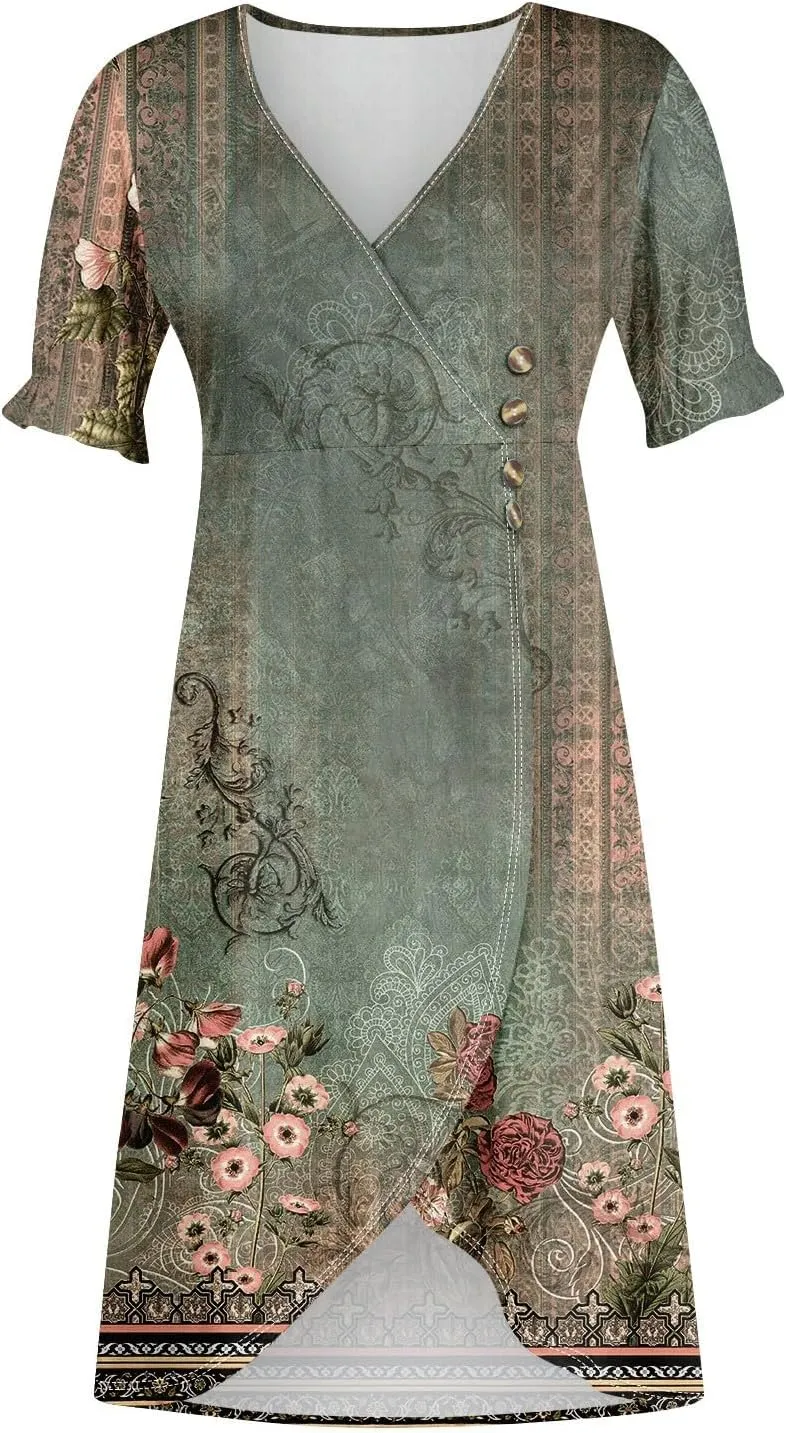 Casual Short Sleeve Midi Dress Elegant Formal Button Down Floral Dress Trendy V Neck Smocked Sexy Slim Fit Dress