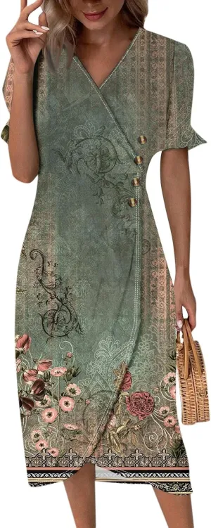 Casual Short Sleeve Midi Dress Elegant Formal Button Down Floral Dress Trendy V Neck Smocked Sexy Slim Fit Dress