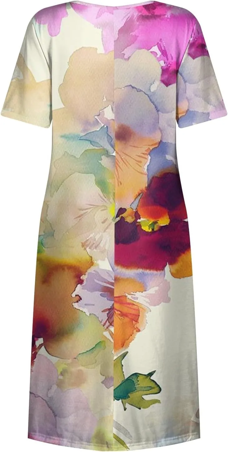Casual Summer Fall Midi Dress for Vacation Beach Trendy Short Sleeve Plus Flowy Elegant Formal Floral Smocked Dress