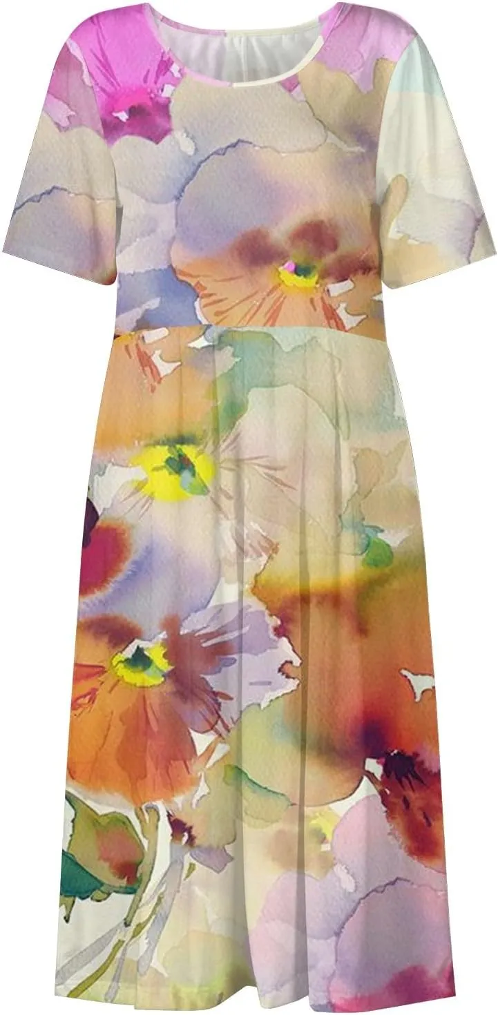 Casual Summer Fall Midi Dress for Vacation Beach Trendy Short Sleeve Plus Flowy Elegant Formal Floral Smocked Dress