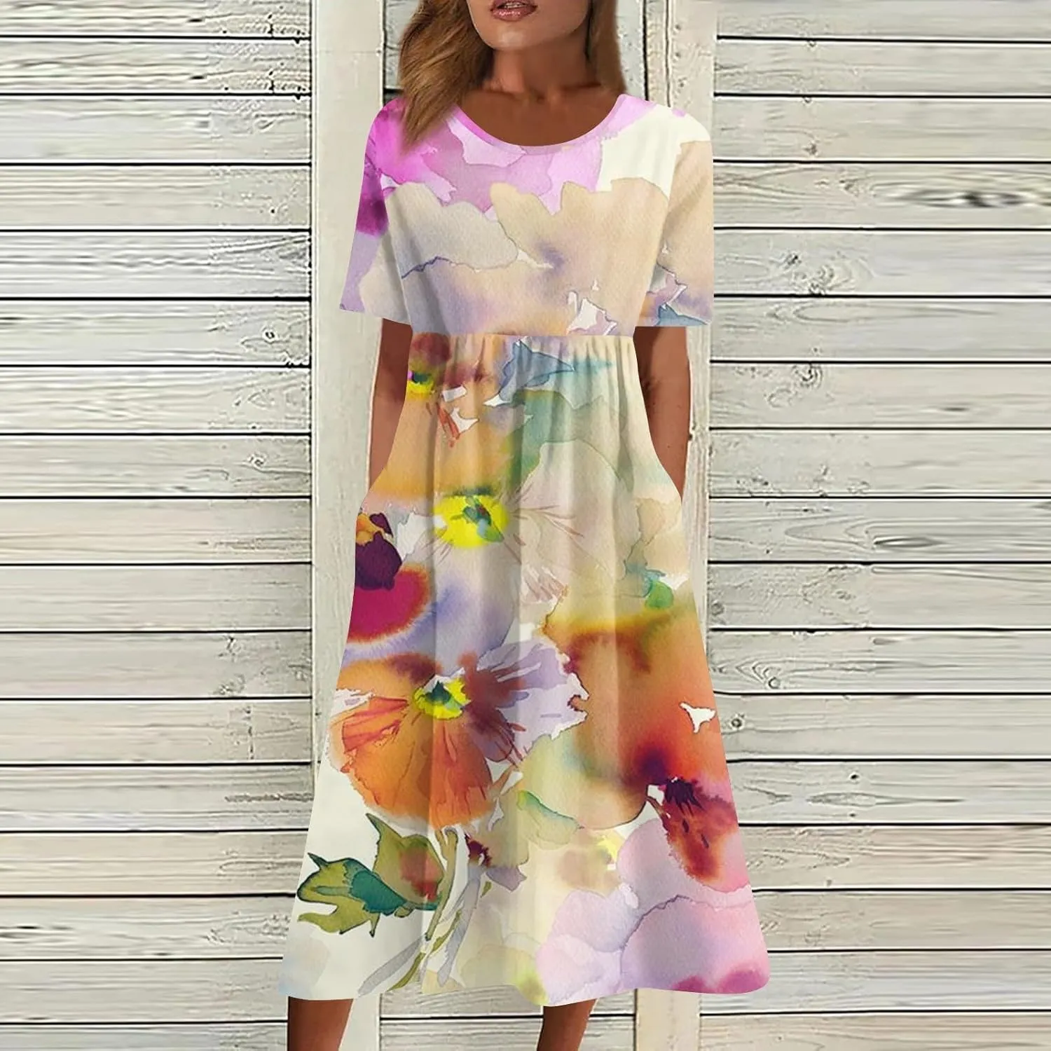 Casual Summer Fall Midi Dress for Vacation Beach Trendy Short Sleeve Plus Flowy Elegant Formal Floral Smocked Dress