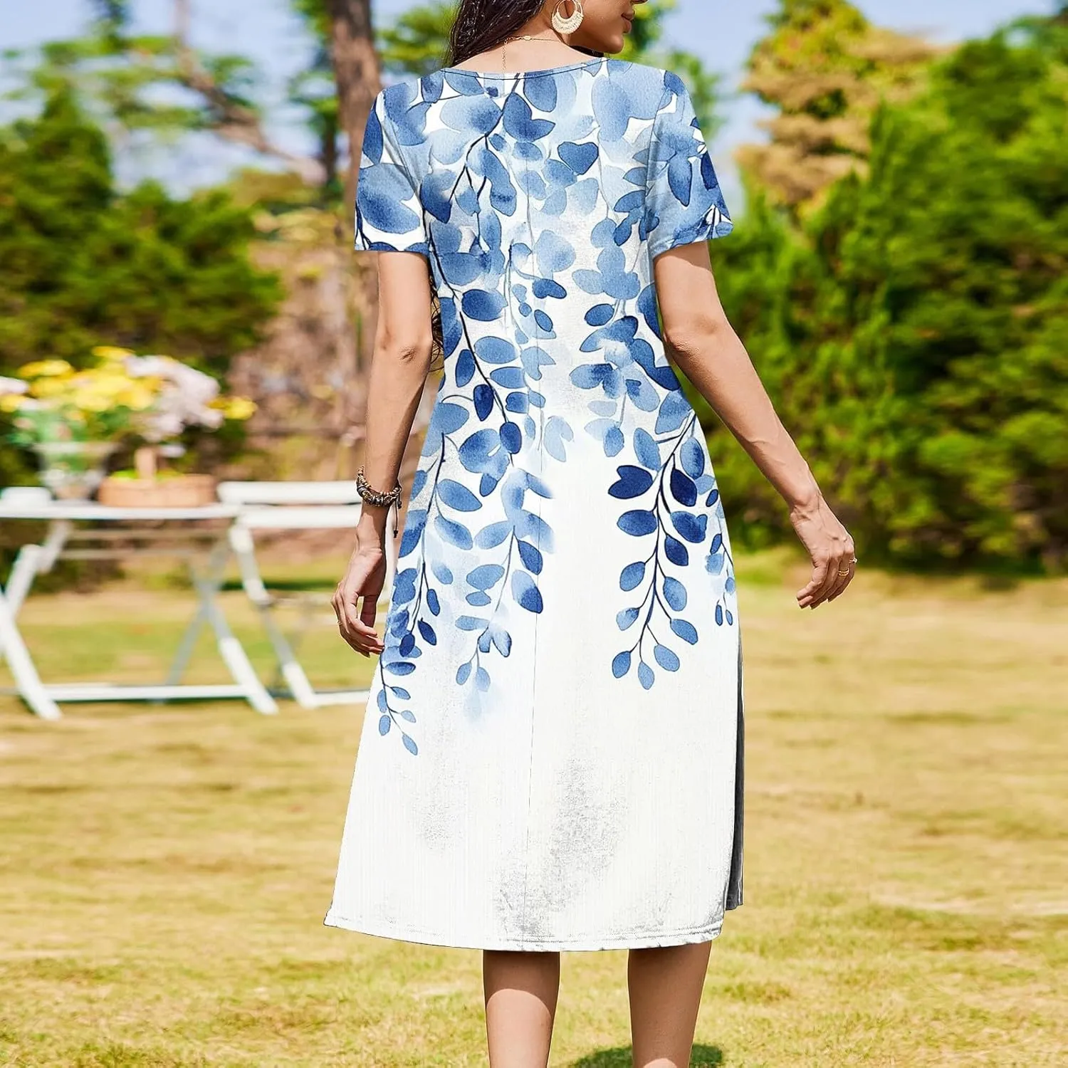Casual Summer Spring Short Sleeve Floral Midi Dress for Women Trendy Smocked Flowy Formal Plus Size A Line Dress