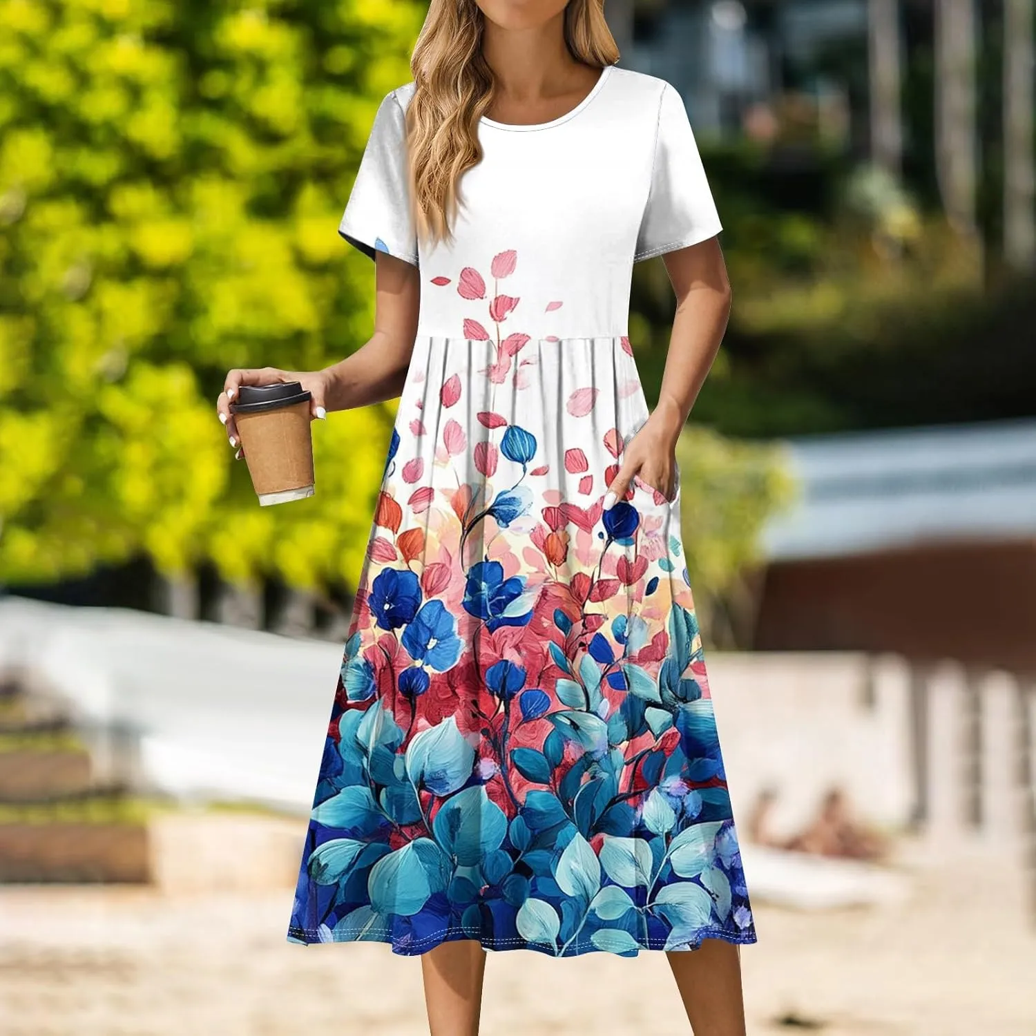 Casual Summer Spring Short Sleeve Floral Midi Dress for Women Trendy Smocked Flowy Formal Plus Size A Line Dress