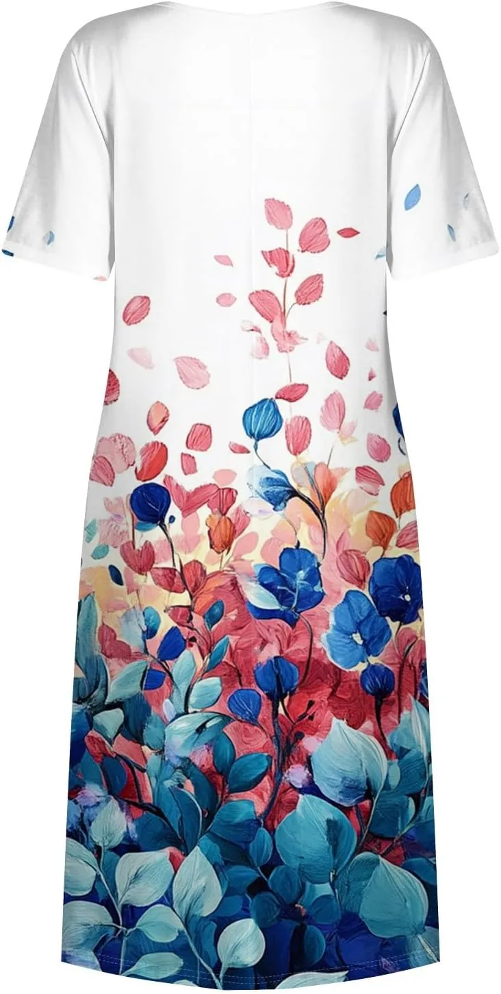 Casual Summer Spring Short Sleeve Floral Midi Dress for Women Trendy Smocked Flowy Formal Plus Size A Line Dress
