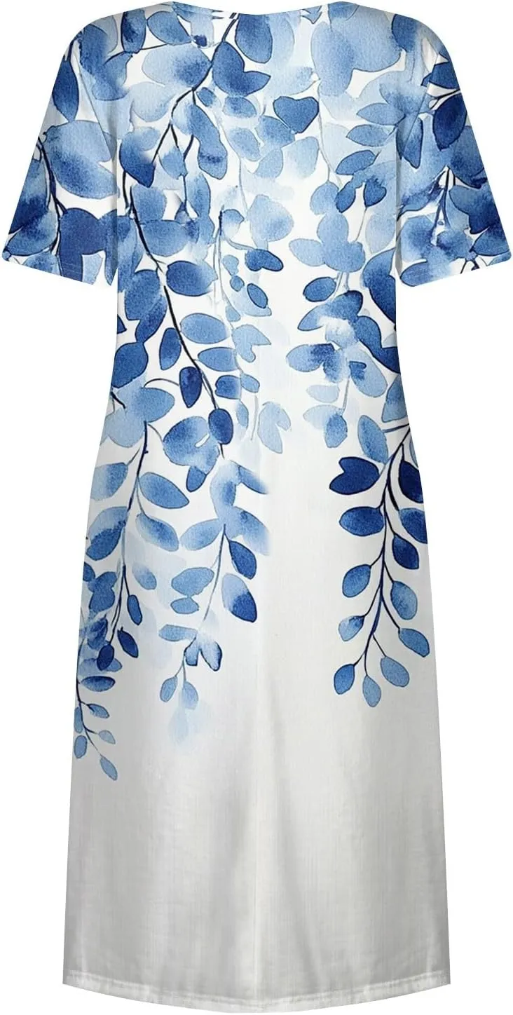 Casual Summer Spring Short Sleeve Floral Midi Dress for Women Trendy Smocked Flowy Formal Plus Size A Line Dress