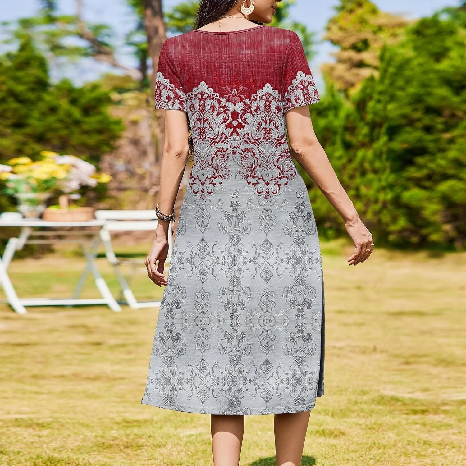 Casual Summer Spring Short Sleeve Floral Midi Dress for Women Trendy Smocked Flowy Formal Plus Size A Line Dress