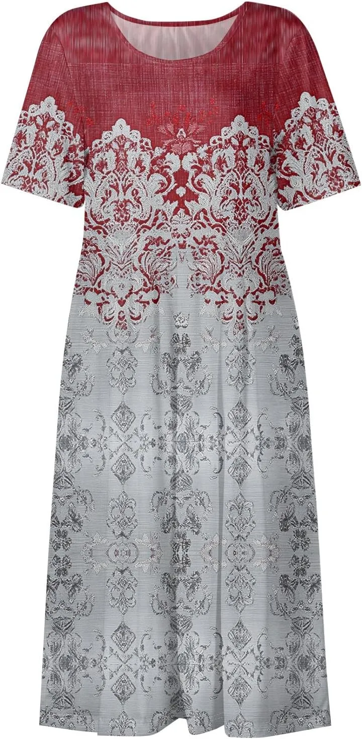 Casual Summer Spring Short Sleeve Floral Midi Dress for Women Trendy Smocked Flowy Formal Plus Size A Line Dress