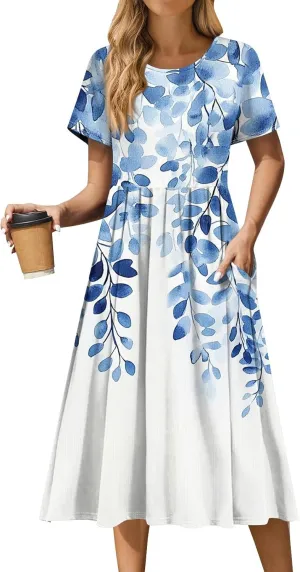 Casual Summer Spring Short Sleeve Floral Midi Dress for Women Trendy Smocked Flowy Formal Plus Size A Line Dress