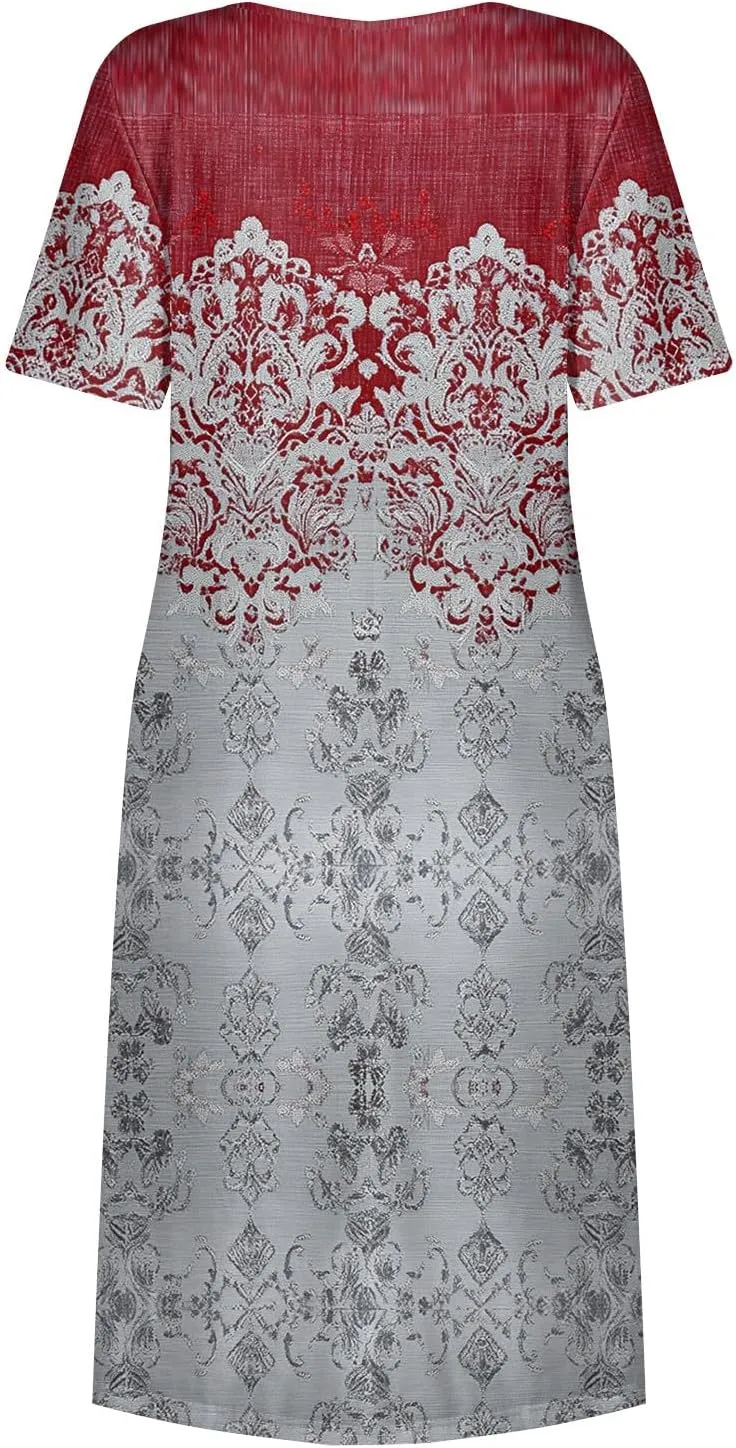 Casual Summer Spring Short Sleeve Floral Midi Dress for Women Trendy Smocked Flowy Formal Plus Size A Line Dress